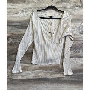 NWT Universal Threads Long Sleeve Ribbed Cotton Shirt Plunge Top Tan Size Large